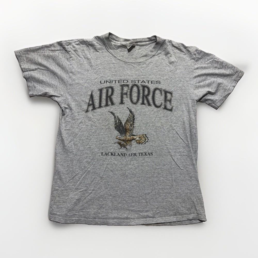 Vintage MJ Soffe US Air Force Lackland AFB Texas Gray T-Shirt L USA Distressed